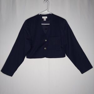 LN Roberts Button Crop Blazer Womens 6 Wool Embroidered Emblem Navy 90s 80s